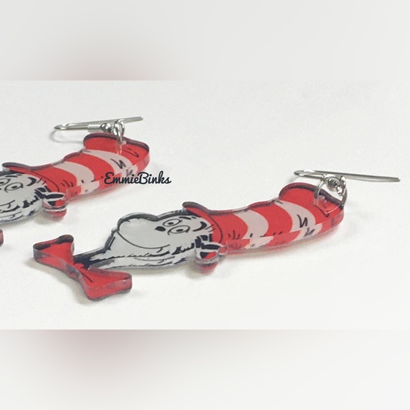 ✨3for$38 New Cat In The Hat Dr. Seuss Illustrated Character Dangle Earrings - Picture 4 of 11
